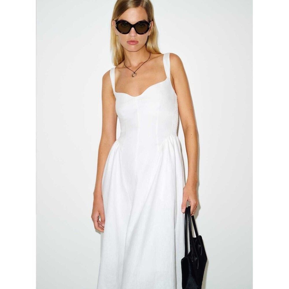 NWOT Reformation White Birdie Linen Dress , Sweetheart Midi Dress with Pockets - Picture 5 of 16